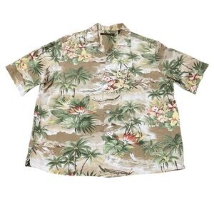 Tori Richard Beige and Green Tropical Button-Front Camp Shirt